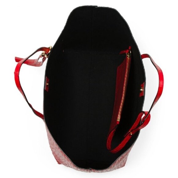 New Authentic Alexander McQueen Croco Tote Bag w/ Gold Skull Charm Red Leather - Picture 4 of 11